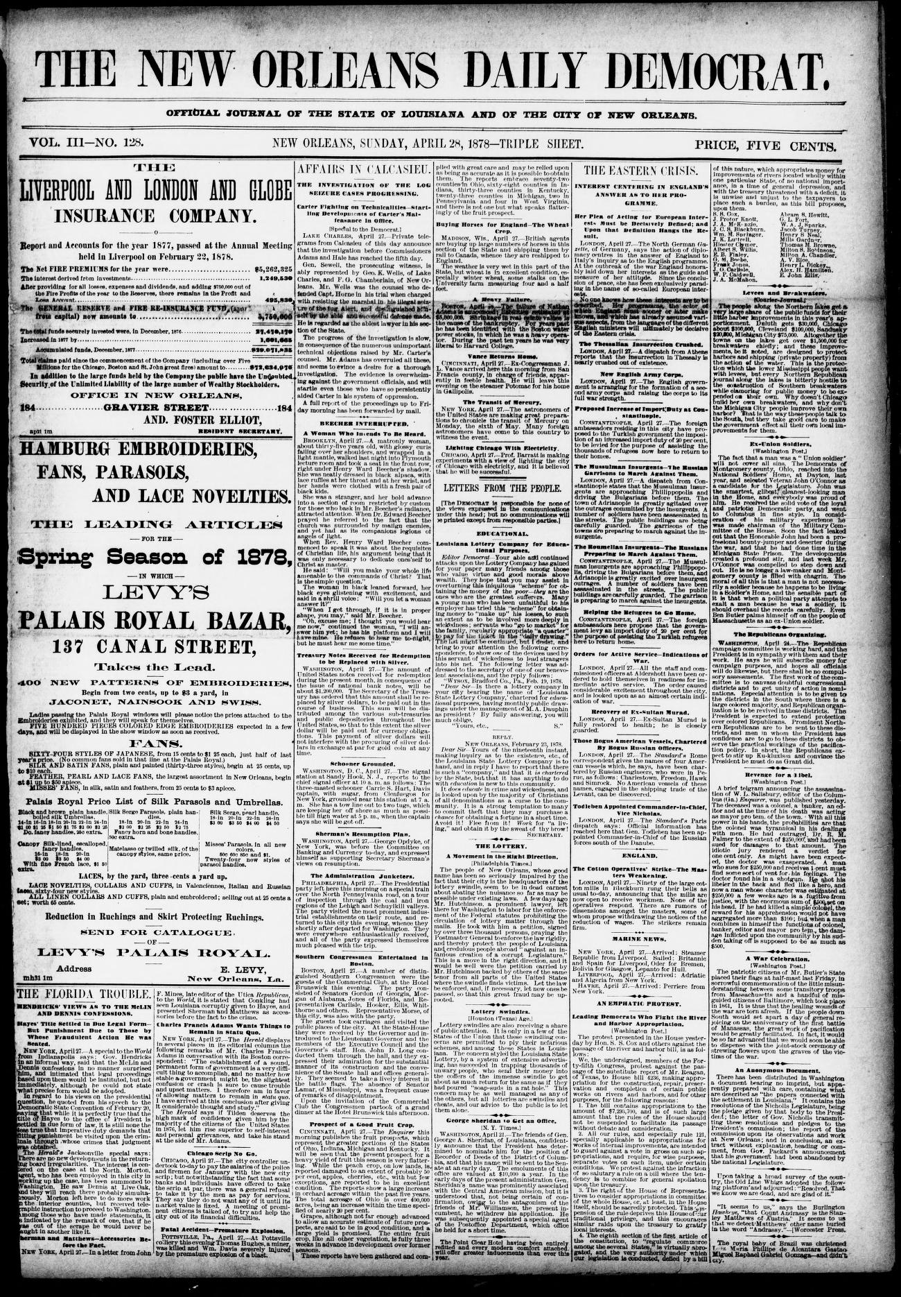 Front page of The New Orleans Daily Democrat, April 28, 1878, with a dense multi-column layout